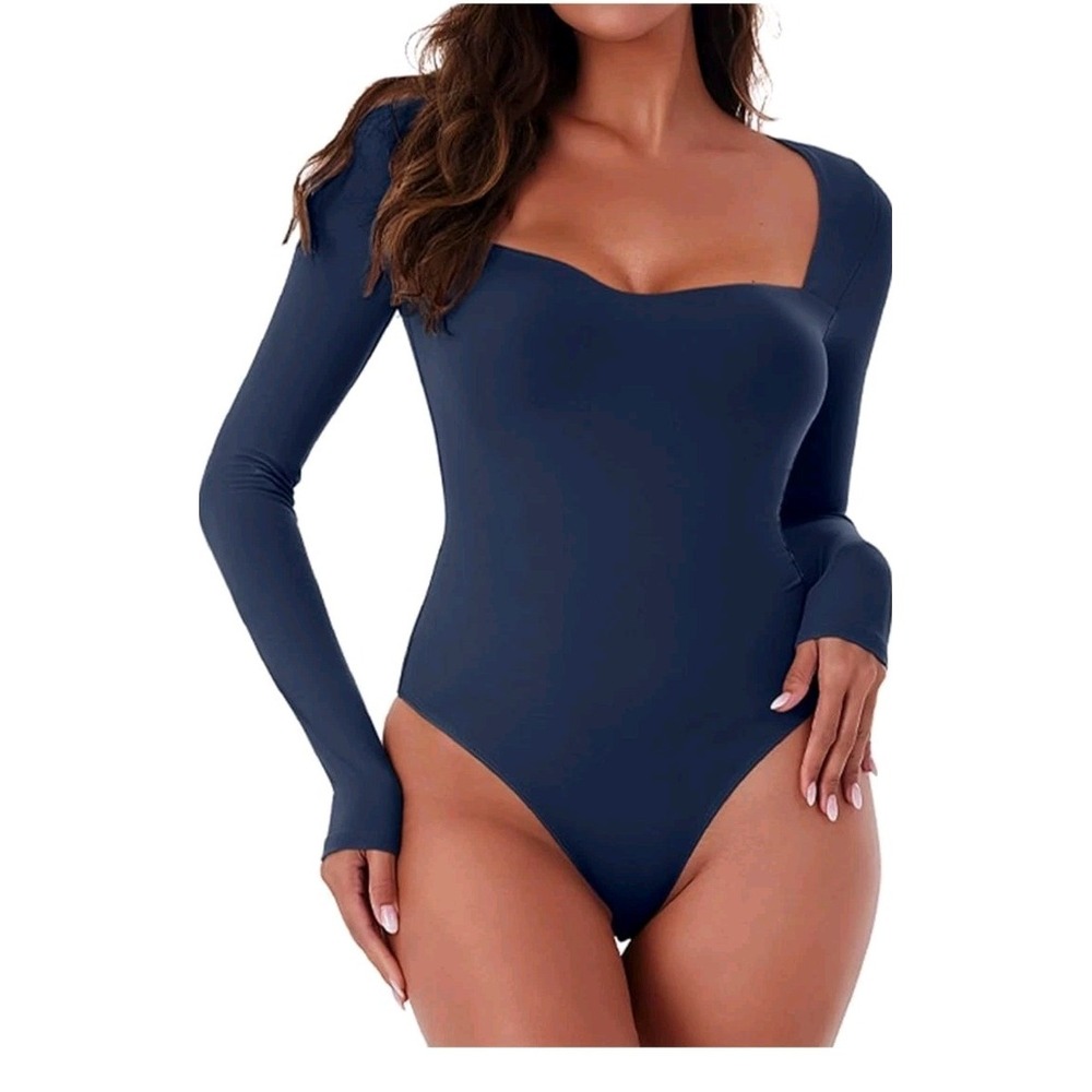 REORIA Womens Sweetheart Neck Long Sleeve Double Lined Bodysuit Blue XL LTY268